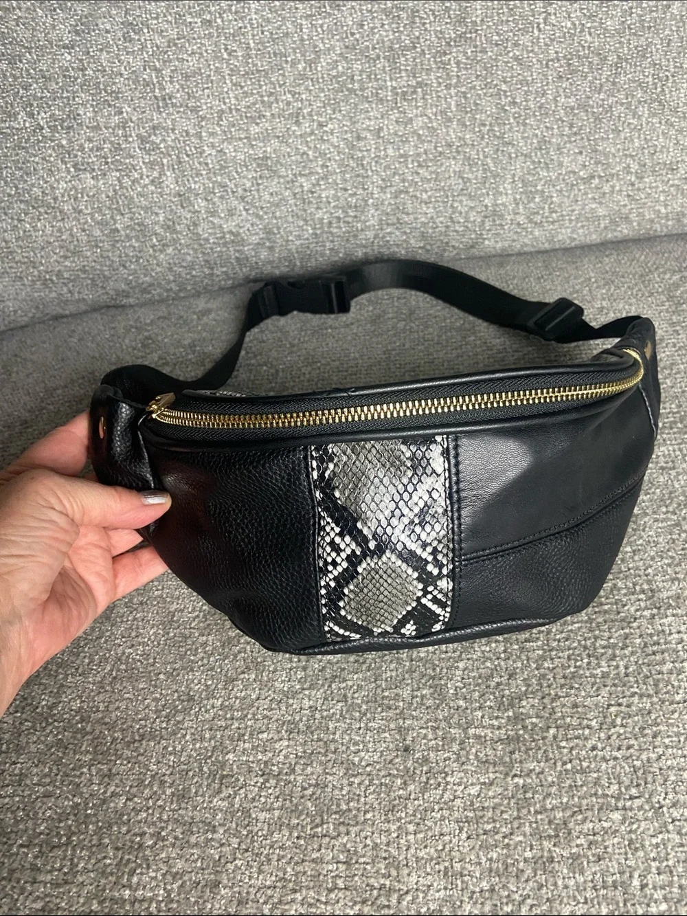 Black Faux Leather Crossbody Waist Bag with Snake-Print Panel